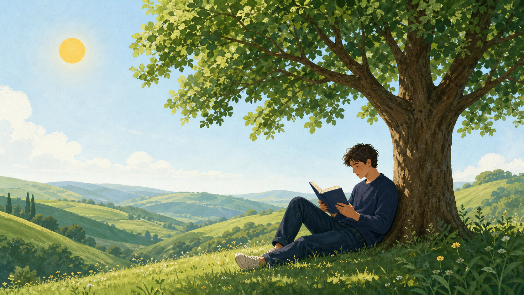 Pessoa lendo um livro sob uma árvore em uma paisagem verde